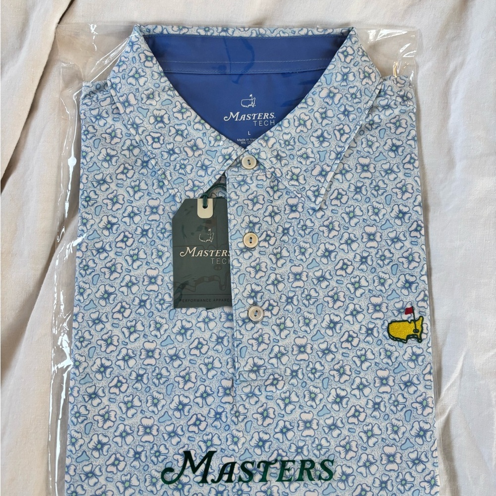 Masters Light Blue Floral Performance Polo with Yellow Logo